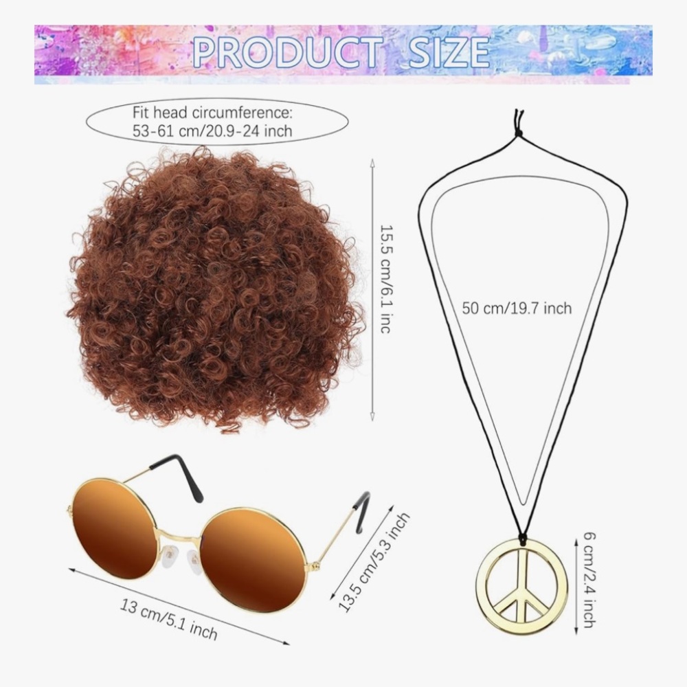 70s Hippie Costume Set Men Shirt Afro Wig Sunglasses Peace Necklace L ☮️🕺 - Picture 2 of 4